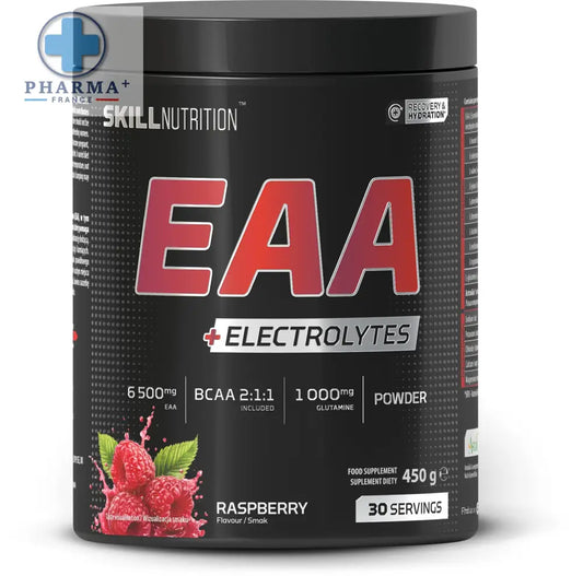 Contenant cylindrique noir skill nutrition eaa électrolytes poudre saveur framboise 400 g pour nutrition eaa