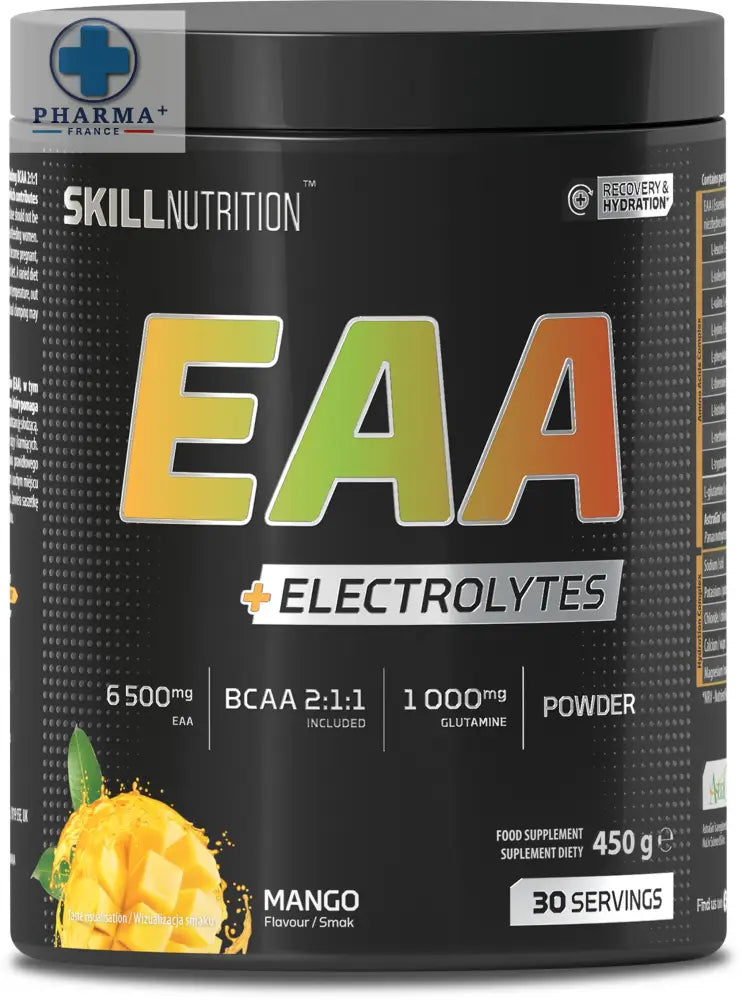 Conteneur cylindrique noir de skill nutrition eaa électrolytes saveur mangue poudre 400 g pour nutrition eaa