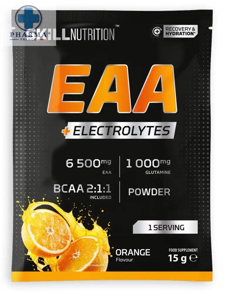 Skill nutrition eaa électrolytes orange en sachet avec packaging noir et orange vif et design éclaboussure d agrumes