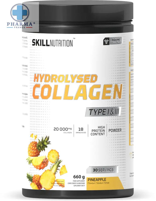 Contenant blanc cylindrique skill nutrition hydrolysed avec lid noir étiquette orange goût ananas 400 g collagen type i et iii