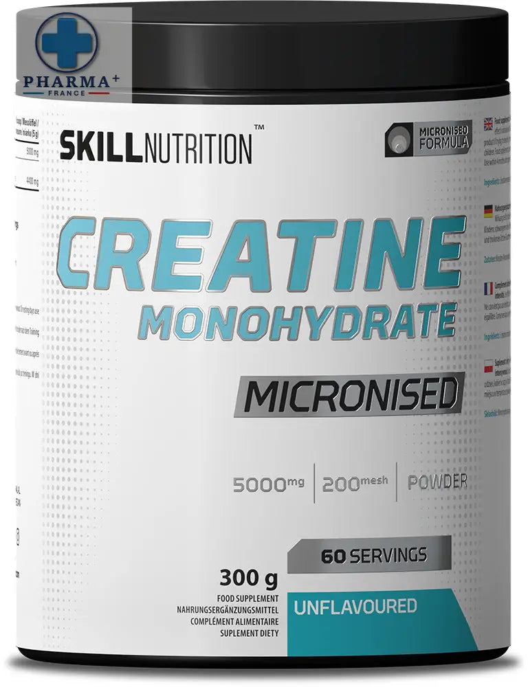 Skill nutrition micronised créatine monohydrate poudre 500g en pot blanc avec couvercle noir et accents teal