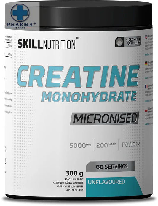 Skill nutrition micronised créatine monohydrate poudre 500g en pot blanc avec couvercle noir et accents teal