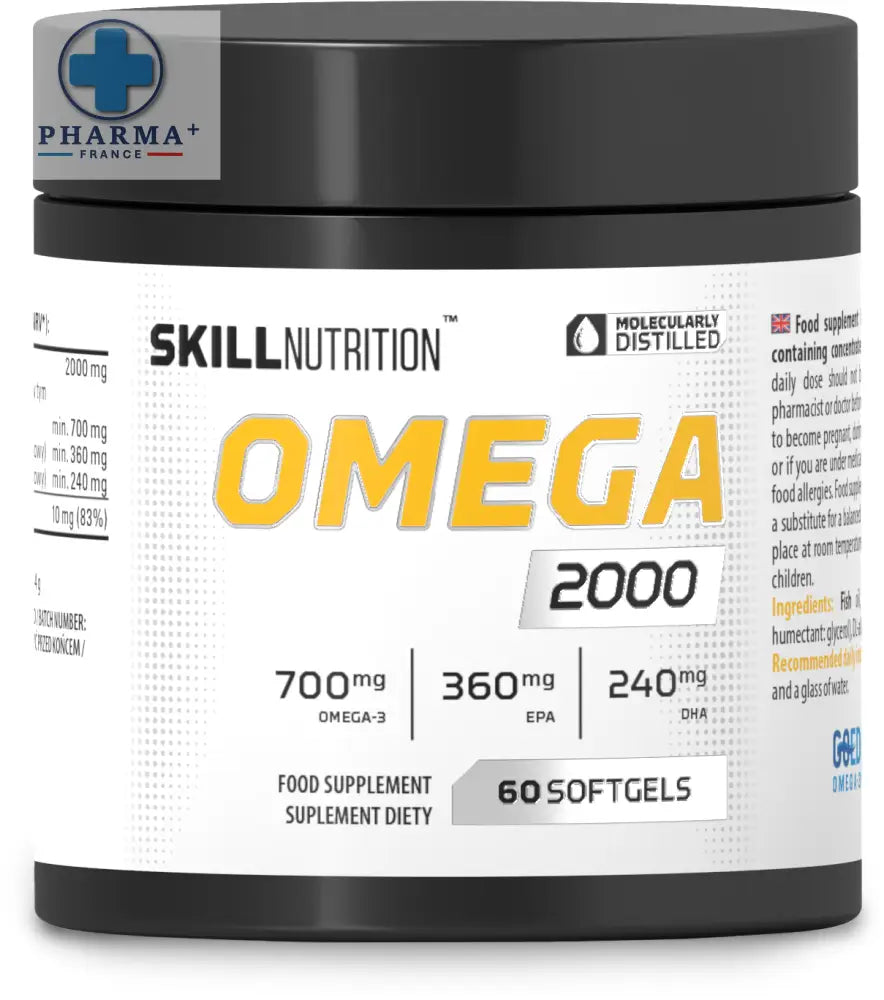 Contenant cylindrique blanc avec couvercle noir skill nutrition oméga 2000 capsules molles complément alimentaire 60 unités