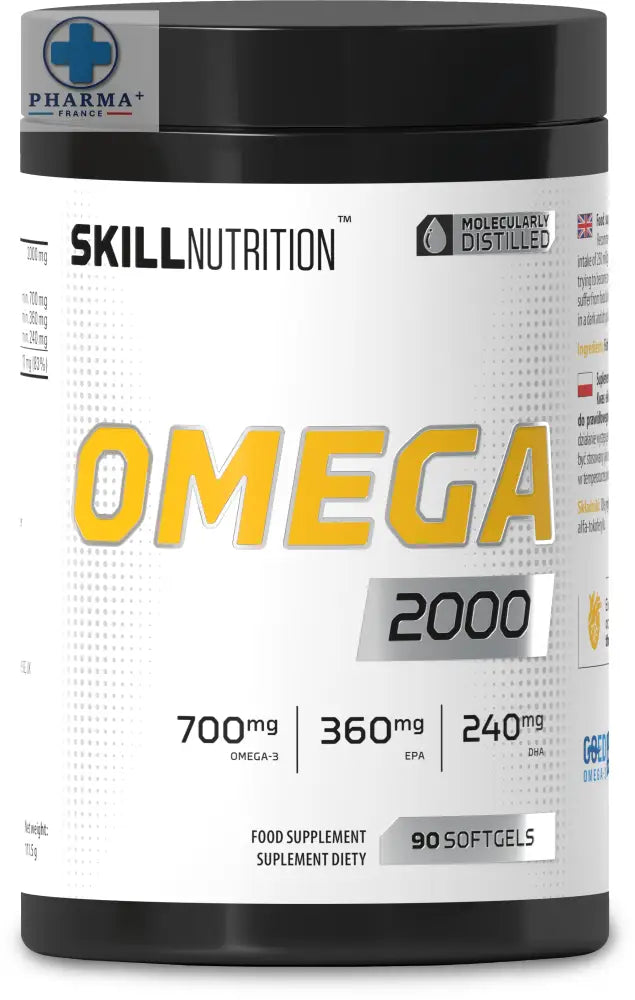 Conteneur cylindrique noir skill nutrition oméga complément alimentaire 90 capsules molles avec étiquette blanche jaune et argentée