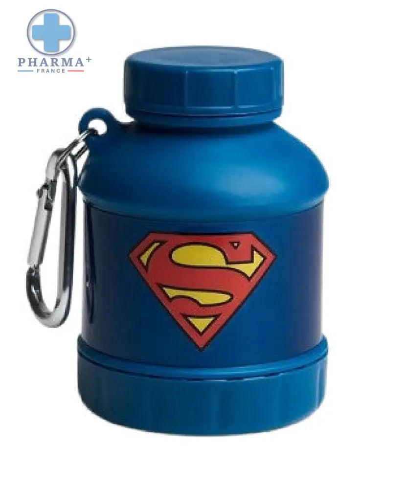 Bouteille shaker smartshake whey2go funnel bleu thème superman avec mousqueton pour poudre whey2go