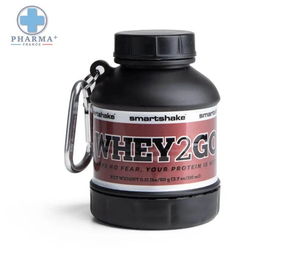 Bouteille smartshake whey2go funnel noire en plastique avec mousqueton et étiquette rouge pour protéines