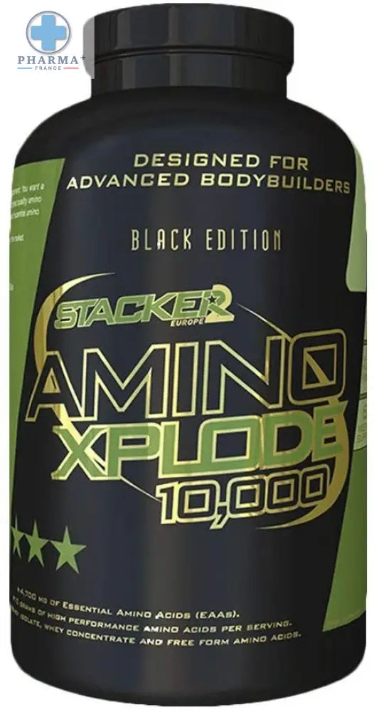 Bouteille noire en plastique stacker2 europe amino xplode 10000 avec étiquette verte et or pour musculation avancée