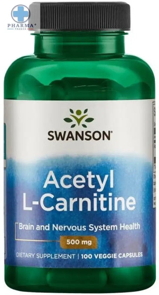 Bouteille verte en plastique de swanson acetyl l-carnitine complément alimentaire avec 100 gélules végétales