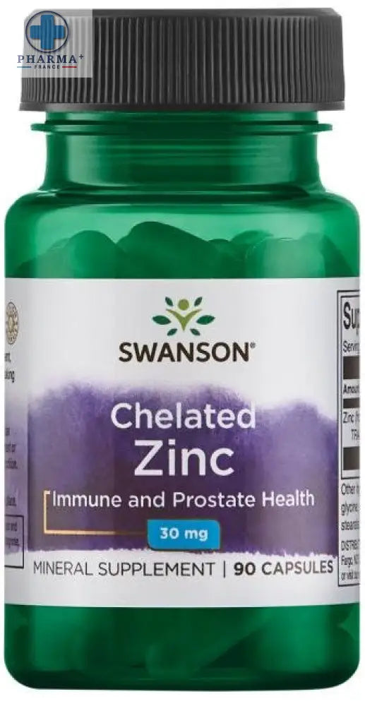 Bouteille verte en plastique avec capsule noire et étiquette blanche swanson albion zinc complément alimentaire 30 mg 90 capsules