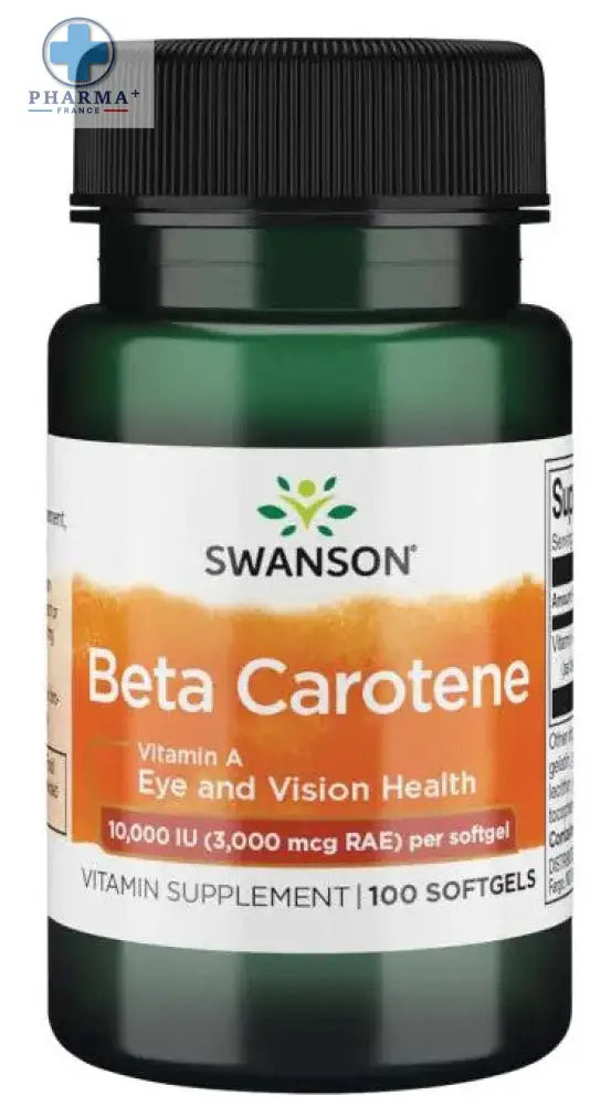 Bouteille verte en verre de swanson beta-carotene capsules molles avec étiquette orange du complexe vitaminé découvrez