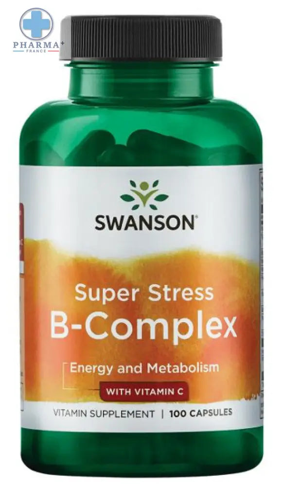 Bouteille verte en plastique avec capsule noire et étiquette blanche orange gradient swanson super stress b-complex 100 capsules