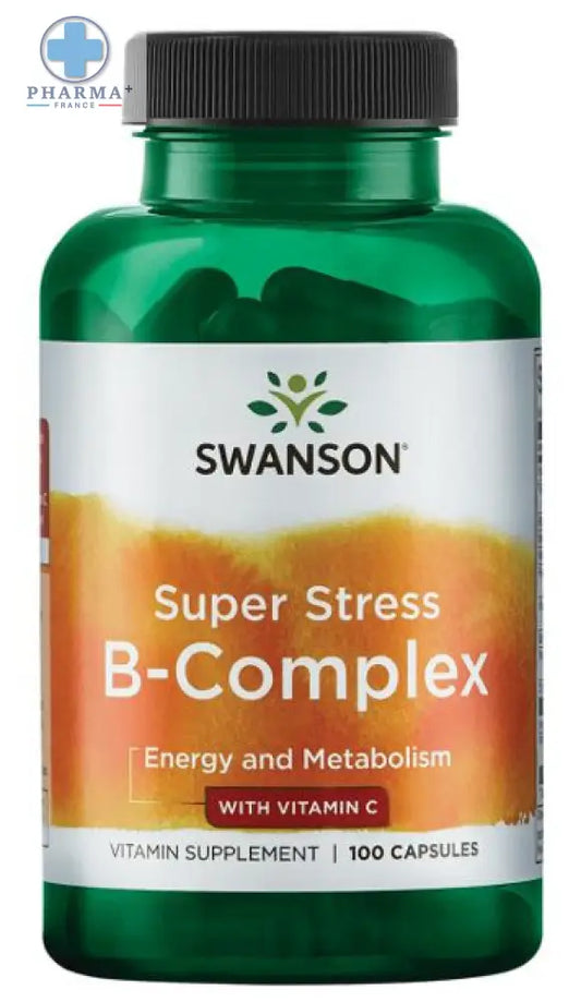 Bouteille verte en plastique avec capsule noire et étiquette blanche orange gradient swanson super stress b-complex 100 capsules