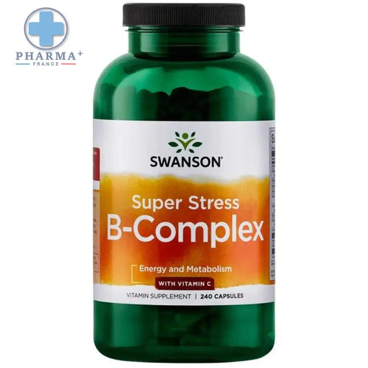 Bouteille verte de swanson super stress b-complex complément alimentaire 240 gélules pour gestion du stress