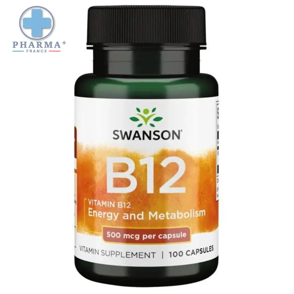 Flacon de gélules vitamine b12 swanson vert foncé avec bouchon noir et étiquette orange découvrez complexe vitaminé