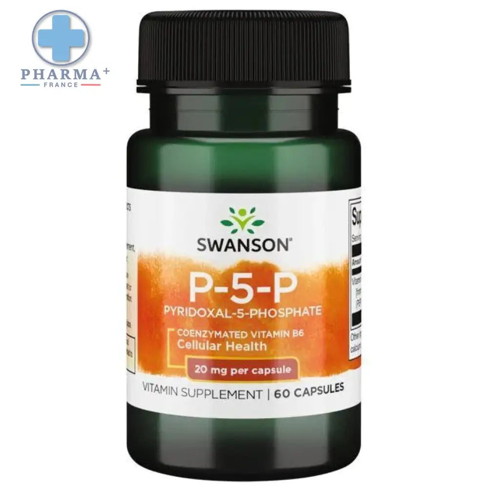 Bouteille verte foncée swanson p-5-p vitamine b6 coenzymé avec étiquette orange et blanche 60 gélules complexe vitaminé découvrez