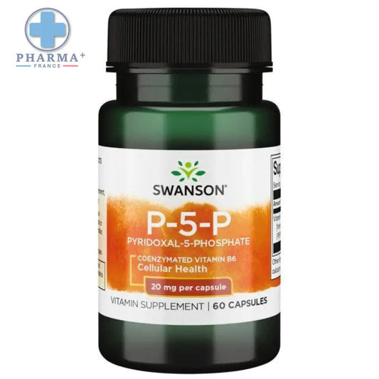 Bouteille verte foncée swanson p-5-p vitamine b6 coenzymé avec étiquette orange et blanche 60 gélules complexe vitaminé découvrez