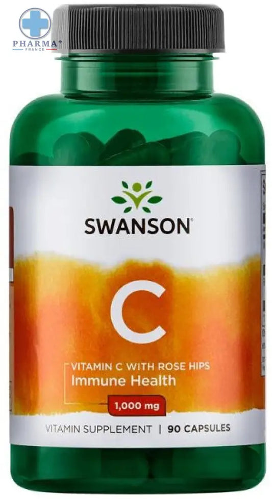 Bouteille verte en plastique avec capsule noire swanson complément alimentaire vitamine c with rose hips 90 capsules