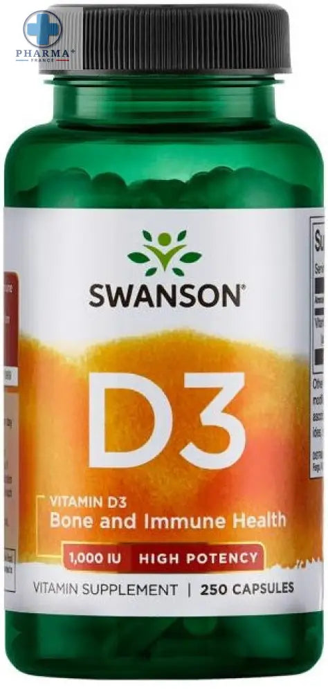 Bouteille plastique verte swanson vitamine d-3 avec bouchon noir et étiquette blanche à dégradé orange complexe vitaminé découvrez