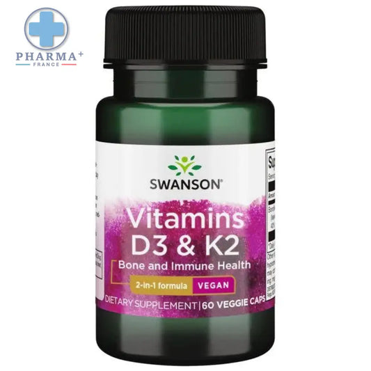 Bouteille swanson vitamines d3 k2 en plastique vert foncé avec capsule noire complément alimentaire vitaminé