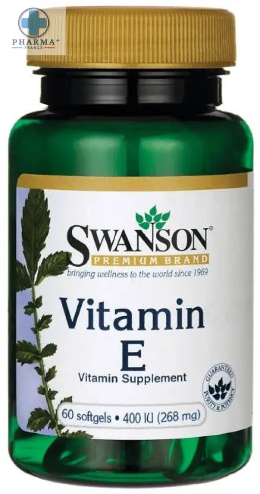 Bouteille en verre verte avec capsule dorée swanson complément alimentaire vitaminé capsules molles vitamine e