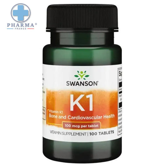 Bouteille en plastique vert foncé avec capsule noire comportant une étiquette blanche à dégradé orange pour complément alimentaire vitaminé swanson k1 100 gélules