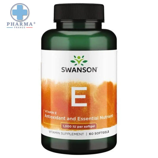 Bouteille verte foncée en plastique avec capsule noire et étiquette blanche orange gradient pour capsules molles vitamin e swanson complément alimentaire vitaminé