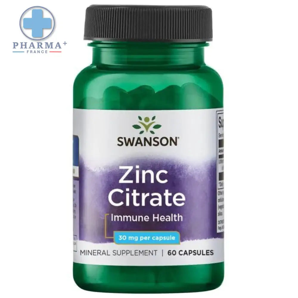 Bouteille verte en plastique de swanson zinc citrate 30 mg 60 gélules avec bouchon noir et étiquette violette