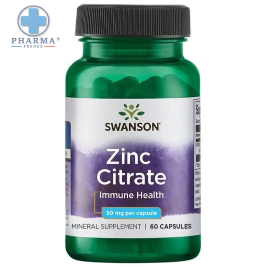 Bouteille verte en plastique de swanson zinc citrate 30 mg 60 gélules avec bouchon noir et étiquette violette