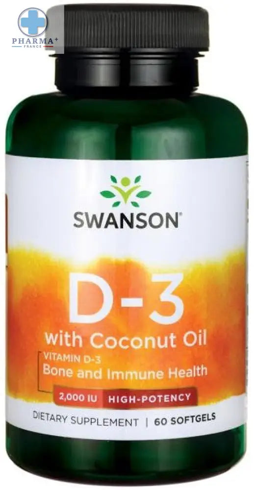 Bouteille verte de swanson complément d-3 avec coconut oil 60 gélules pour supplémentation quotidienne