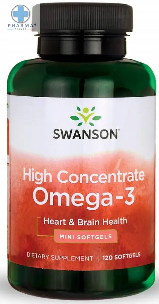 Bouteille verte swanson high concentrate omega-3 avec 120 mini gélules pour la santé du cœur et du cerveau