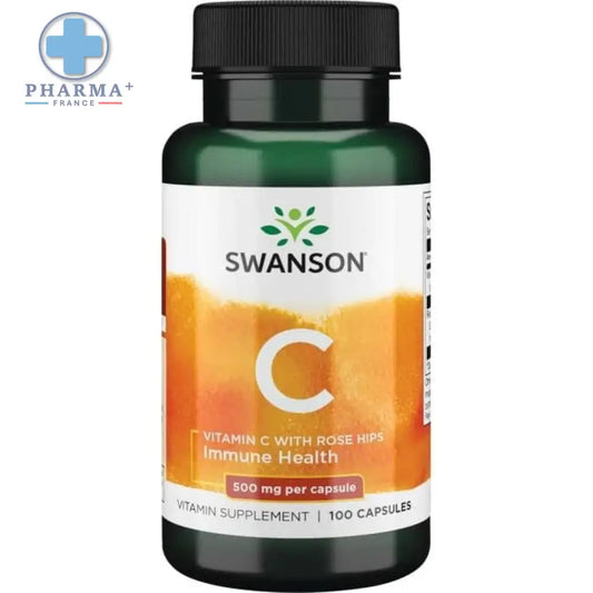 Bouteille verte foncée swanson complément vitamine c with rose hips 100 gélules étiquette orange et blanche