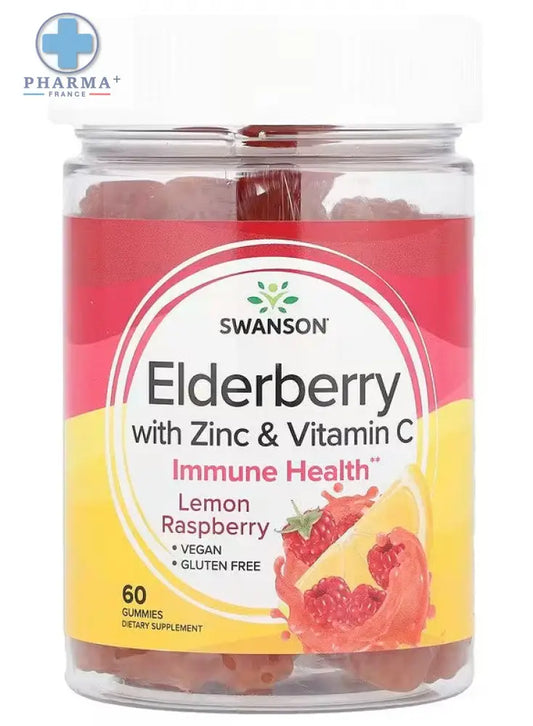 Swanson elderberry gummies avec zinc et vitamine c en pot transparent contenant 60 unités lemon raspberry