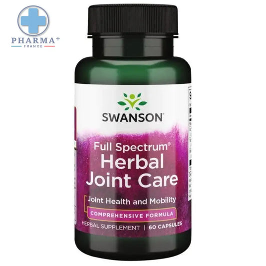 Bouteille de complément articulaire swanson joint defender full spectrum herbal 60 gélules corps vert foncé étiquette violette