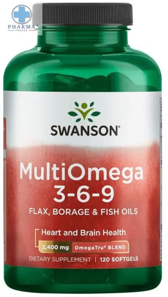 Bouteille verte en plastique swanson multiomega 3 6 9 capsules molles avec huiles de poisson et étiquette rouge
