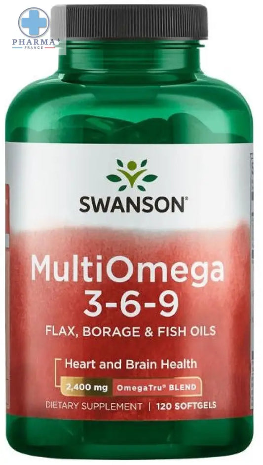Bouteille verte en plastique swanson multiomega 3 6 9 capsules molles avec huiles de poisson et étiquette rouge