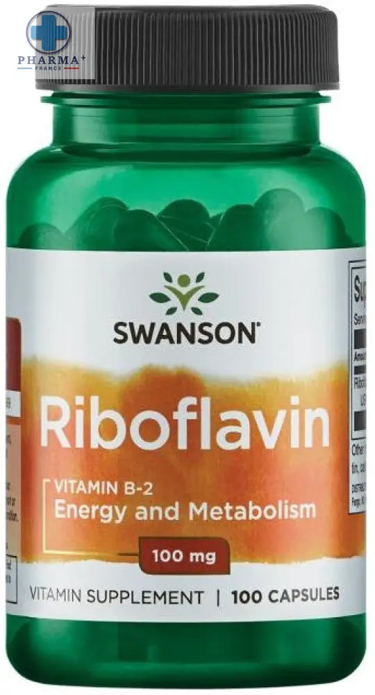 Bouteille verte en plastique avec capsule noire et étiquette blanche orange pour swanson riboflavin vitamine b2 100 mg complément énergétique