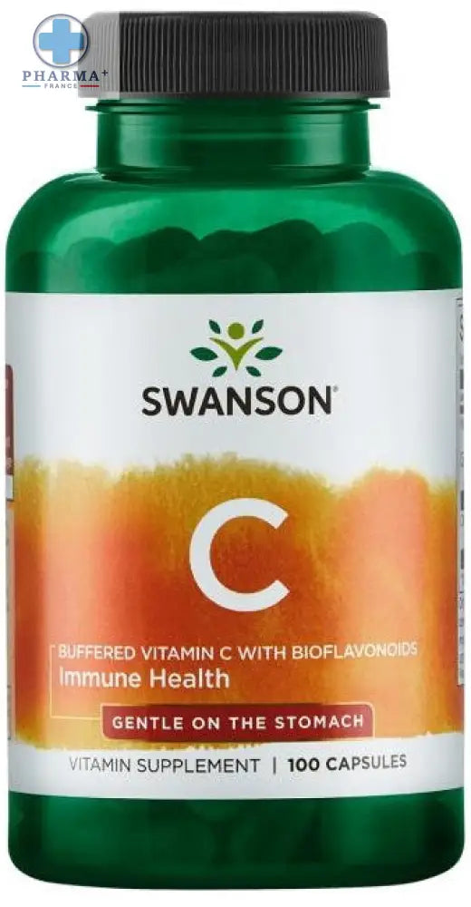 Bouteille plastique verte de swanson buffered vitamine c avec bioflavonoides 100 capsules pour soutien immunitaire