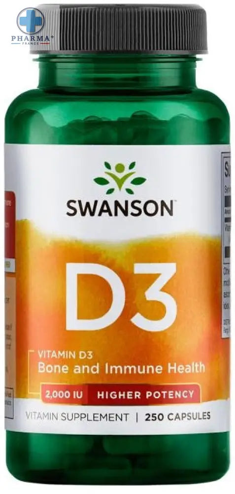 Bouteille verte en plastique de swanson vitamine d-3 complément alimentaire avec étiquette orange et blanche 250 capsules