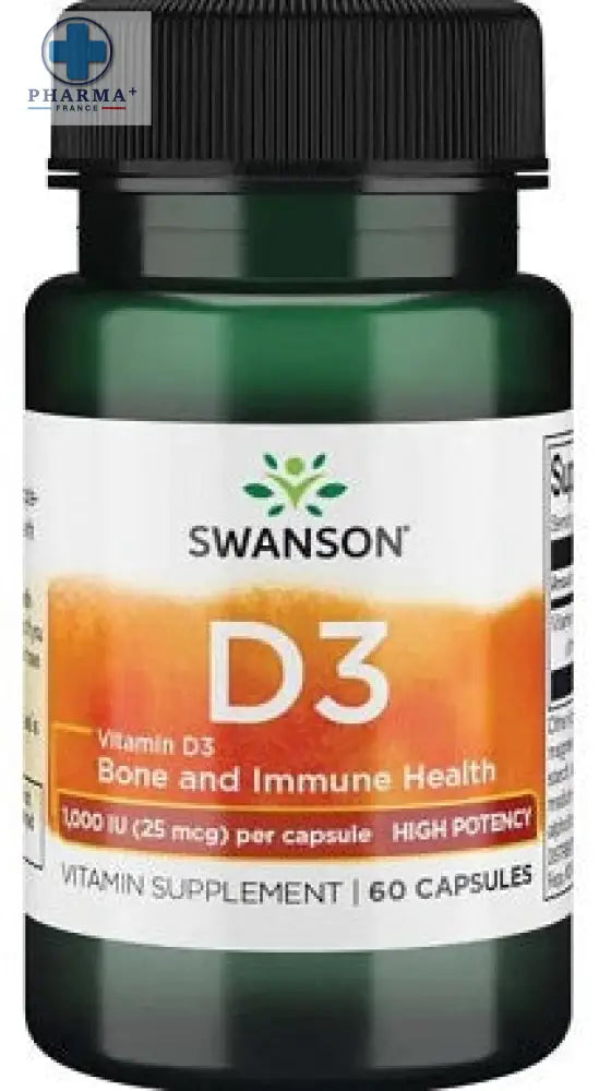 Flacon vert en verre swanson vitamine d-3 avec bouchon noir et étiquette blanche orange pour santé osseuse et immunitaire