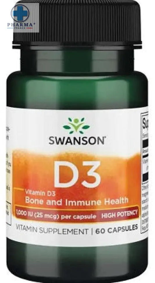 Flacon vert en verre swanson vitamine d-3 avec bouchon noir et étiquette blanche orange pour santé osseuse et immunitaire