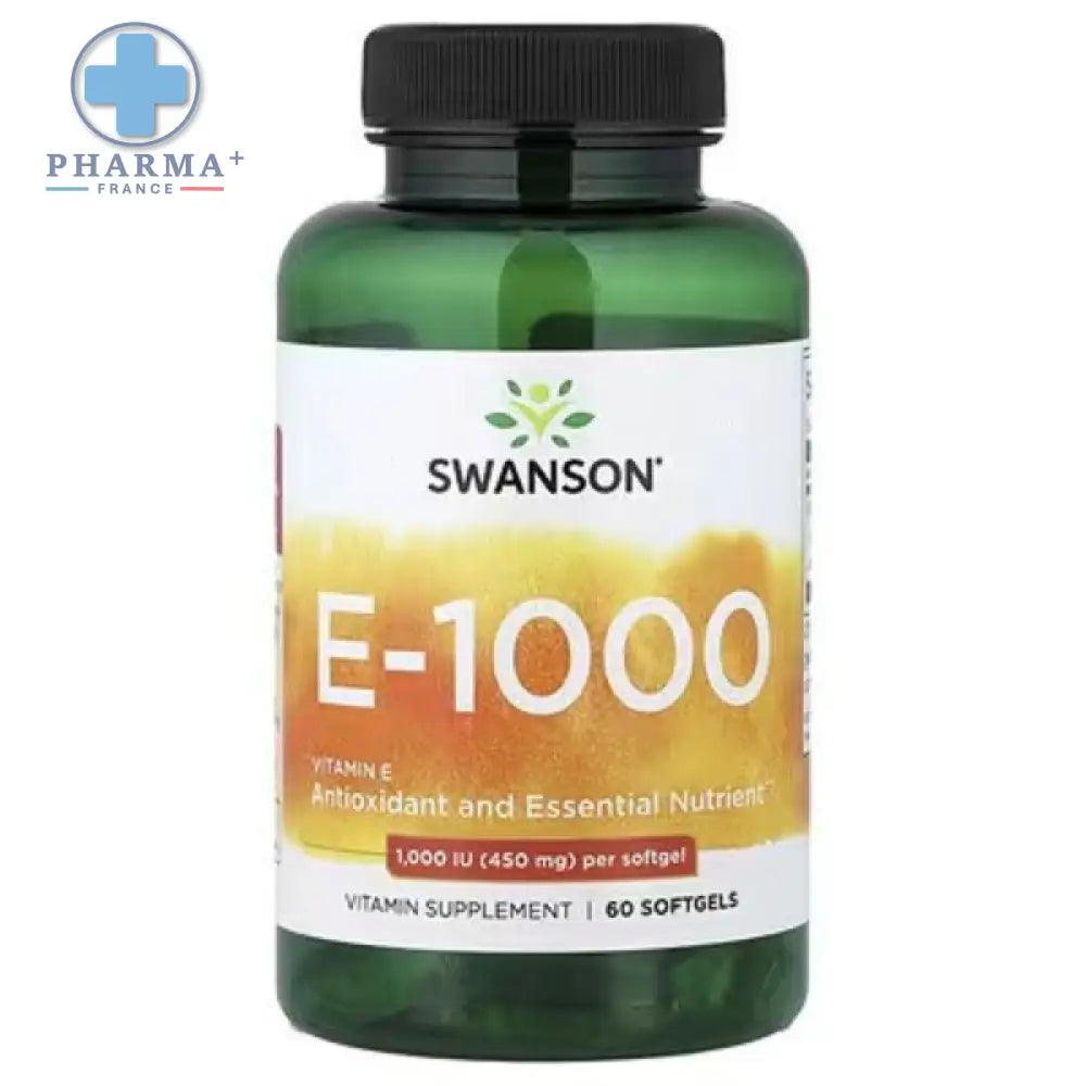 Bouteille verte en plastique avec capsules molles swanson e-1000 vitamine e 1000 complément alimentaire 60 capsules molles
