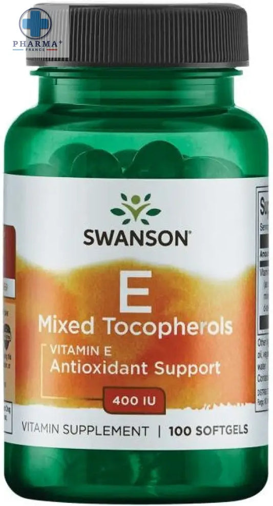 Bouteille verte en plastique avec capsule noire contenant 100 capsules molles swanson vitamine e mixed tocopherols