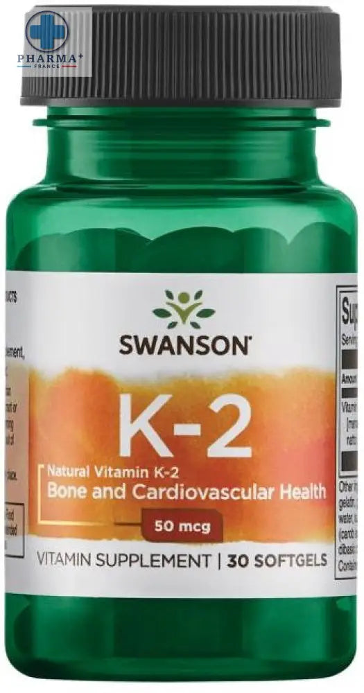 Bouteille verte en plastique avec capsule noire cannelée et étiquette blanche orange de swanson vitamine k-2 50 mcg complément alimentaire 30 gélules
