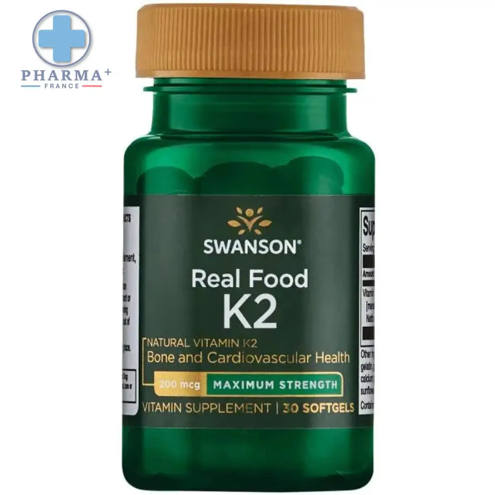 Bouteille plastique verte swanson vitamine k-2 avec capsule beige et étiquette noire logo feuille or pour complément naturel