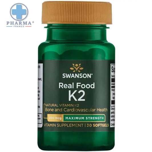 Bouteille plastique verte swanson vitamine k-2 avec capsule beige et étiquette noire logo feuille or pour complément naturel