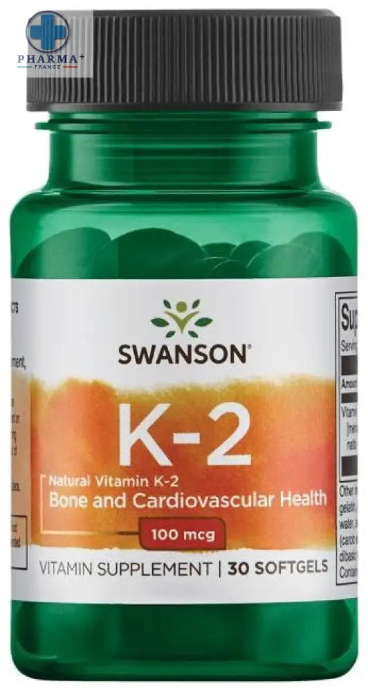 Bouteille verte en plastique avec capsule noire swanson vitamine k-2 100 mcg complément naturel en gélules molles