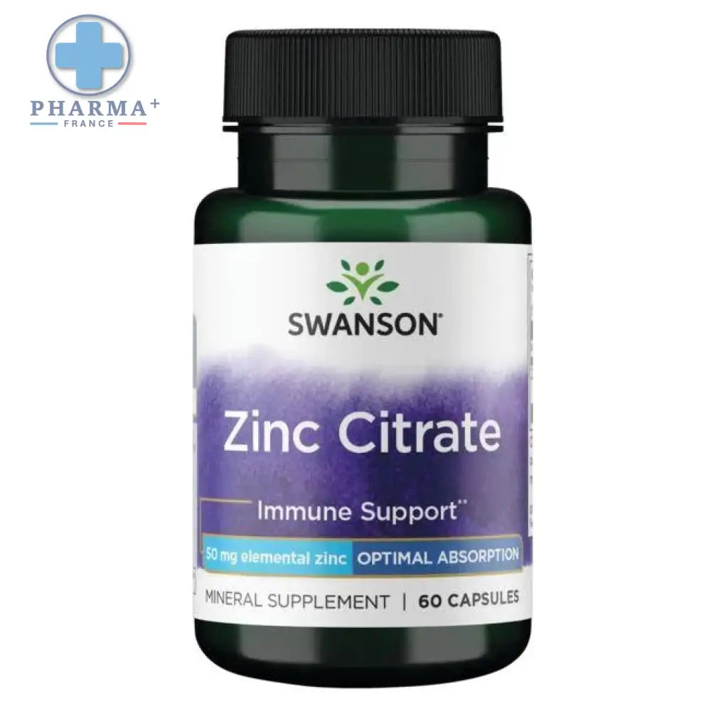 Bouteille verte foncée de swanson zinc citrate complément immunitaire 60 gélules avec étiquette dégradé violet