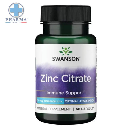 Bouteille verte foncée de swanson zinc citrate complément immunitaire 60 gélules avec étiquette dégradé violet