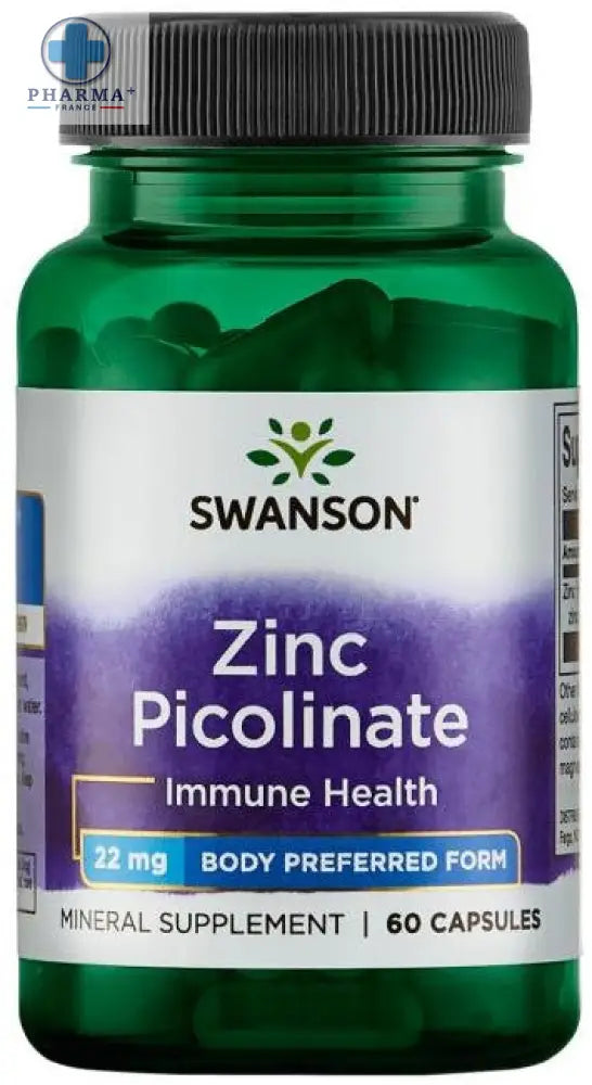 Bouteille verte swanson zinc picolinate avec capsule noire et étiquette blanche sur fond dégradé violet