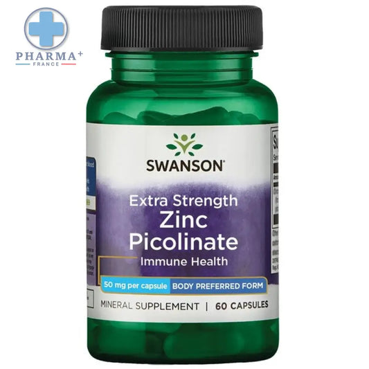 Bouteille verte en plastique swanson zinc picolinate avec bouchon noir et étiquette blanche pour santé immunitaire